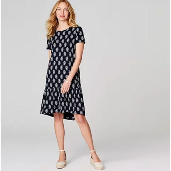 J.Jill Navy Elliptical Knit Paisley Print Flounced Hem Dress Short Sleeve Size L - Picture 1 of 11